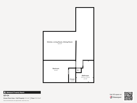 Floor plan for 1 bed, 1 bath, 658 sqft